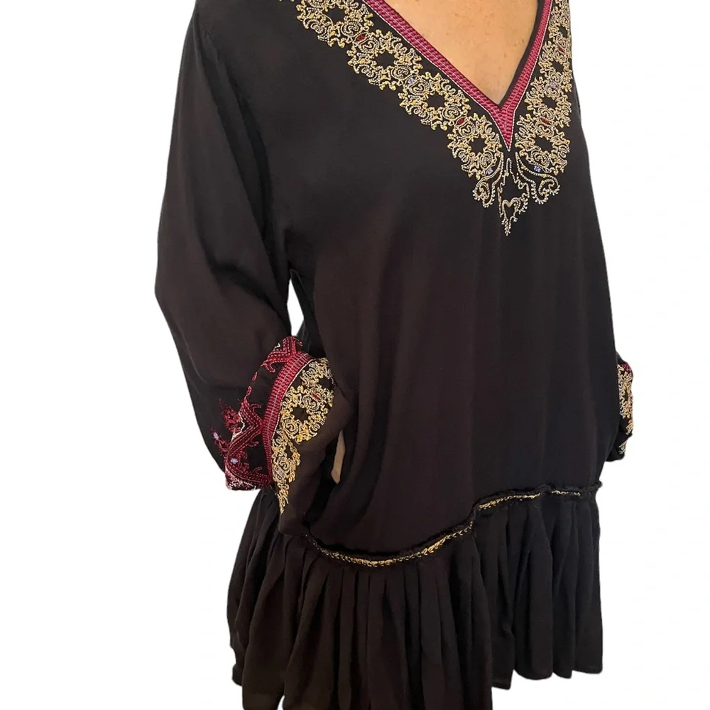 Free People Wild One Black Embroidered Long Sleeve V Neck Mini Dress Tunic XS